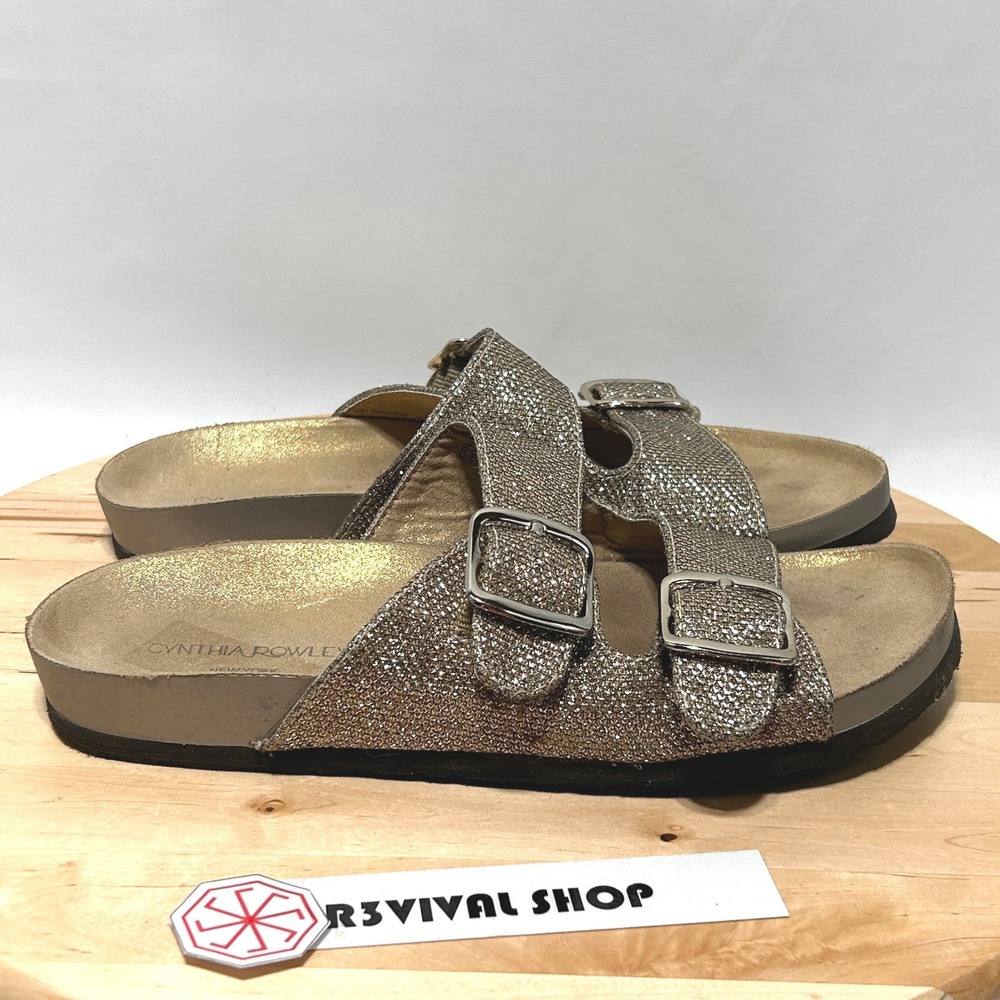 Cynthia Rowley New York Hollis Buckle Gold Glitter Accent Slip On Slides - 8M